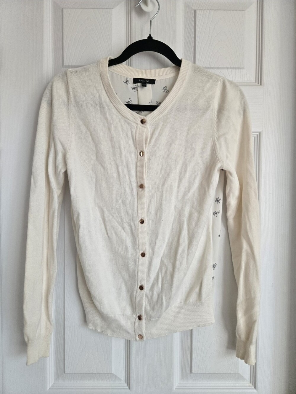 RW&CO Bow Back White Cardigan With Rose Gold Buttons In Size XS